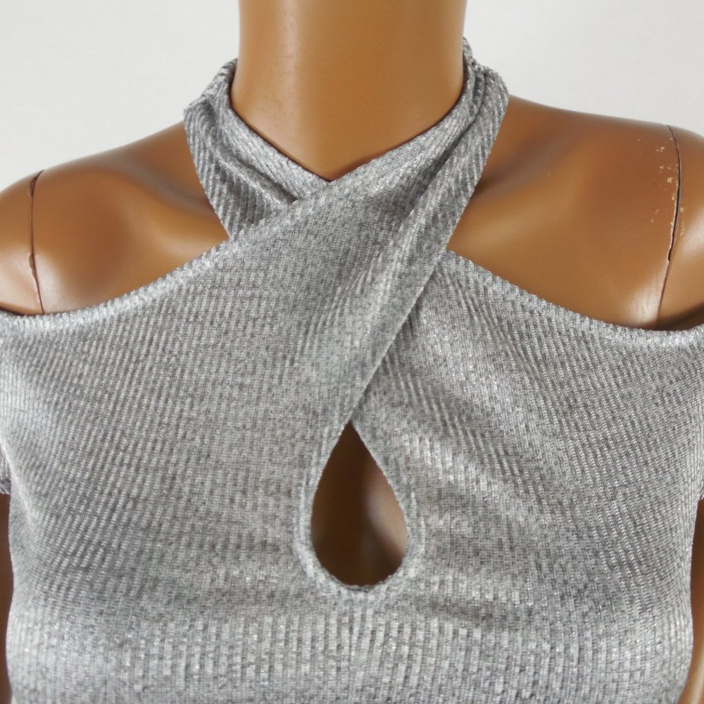 INC Top M NWT Silver X-Neck Shirt Stretch Short Sleeves Party Club Blouse - Picture 3 of 7